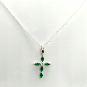 2CT Marquise Cut Lab-Created Emerald Cross Pendant & Chain 14k White Gold Plated - Picture 1 of 4