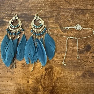 Boho Feather Earrings Jewelry Set Teal Gold Tone & Bling Key Bracelet PullAdjust - Picture 1 of 10