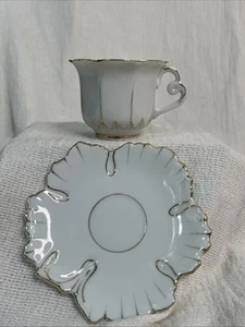 Vintage White Demitase Tea Cup & Saucer Hand Painted Gold Trim Petal Edge Japan - Picture 1 of 15