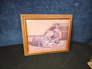 1980 Jim Daly Signed 16x13 Print Boy With Injured Dog Heavy Wood Frame - Picture 1 of 7