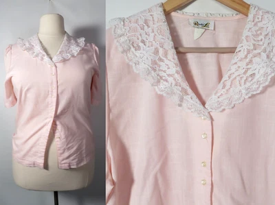 Vintage 80s Plus Size Pastel Pink Lace Collar Blouse Made In USA Size XL - Image 1 of 4