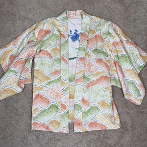 Chaqueta Haori Japonesa Seda Crepé Verde Melocotón Tradicional Corta Cultural Clásica - Imagen 1 de 12