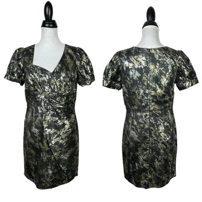 Voom by Joy Han L Black Metallic Puff Sleeve Asymmetrical Neck Cocktail Dress - Image 1 of 4