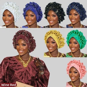 Nigerian Women Hijab Auto Gele Wrap Head Cover African Bonnet Cap Aso Oke Turban - Foto 1 di 28