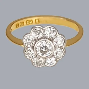 Anillo vintage con racimo de diamantes de oro de 22 quilates sello de Londres 1950 diseño margarita/flor - Imagen 1 de 8