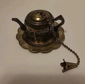 Miniature Teapot Tea Infuser With Ruffled Tray Set Tarnished Silver Plated - Picture 1 of 11