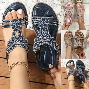 Women's Rhinestone Slingback Sandals Elastic Ankle Strap Casual Bohemian Shoes - Picture 1 of 39