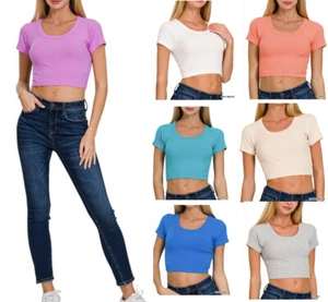 ZENANA 8492 Ribbed Knit Scoop Neck Short Sleeve Cropped Top - Picture 1 of 19