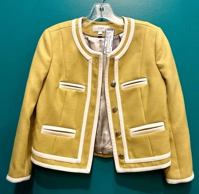 J. Jaqueta Crew Blazer Feminina Tamanho 2 Amarelo Mostarda 100% Lã Academia Botão Dourado - Imagem 1 de 4