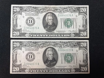 1928 $20 Bill Notes Uncirculated Sequential Serial Numbers, Numeric Seal 9 - Image 1 of 4