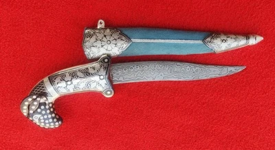 Adaga Khanjar lâmina de damasco incrustada prata indo-persa islâmica mogol - Imagem 1 de 4