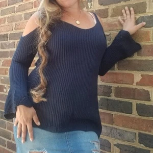 Love cold shoulder ribbed knit sweater navy blue large - Picture 1 of 4
