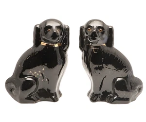 Antikes Paar schwarze Terrakotta Spaniel Hunde Glasaugen 34 cm glasiert 19. Jh. - Bild 1 von 7