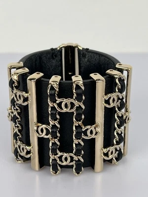 CHANEL Black Leather CC Logo Cuff Bracelet - Image 1 of 4