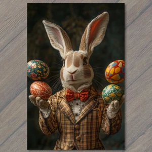 Kunstdruck Stylischer Hase Kaninchen Jonglieren Bunt Ostereier Elegant Outfit Anzug - Bild 1 von 1