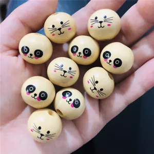 10Pcs/Set 18mm Round Wooden Beads Cat Panda Girl Smiling Face Wood Balls DIY - Picture 1 of 7