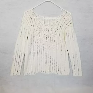 Schöner gehäkelter lockerer Strickpullover Langarm Rundhalsausschnitt weiß ~ ohne Etikett - Bild 1 von 3