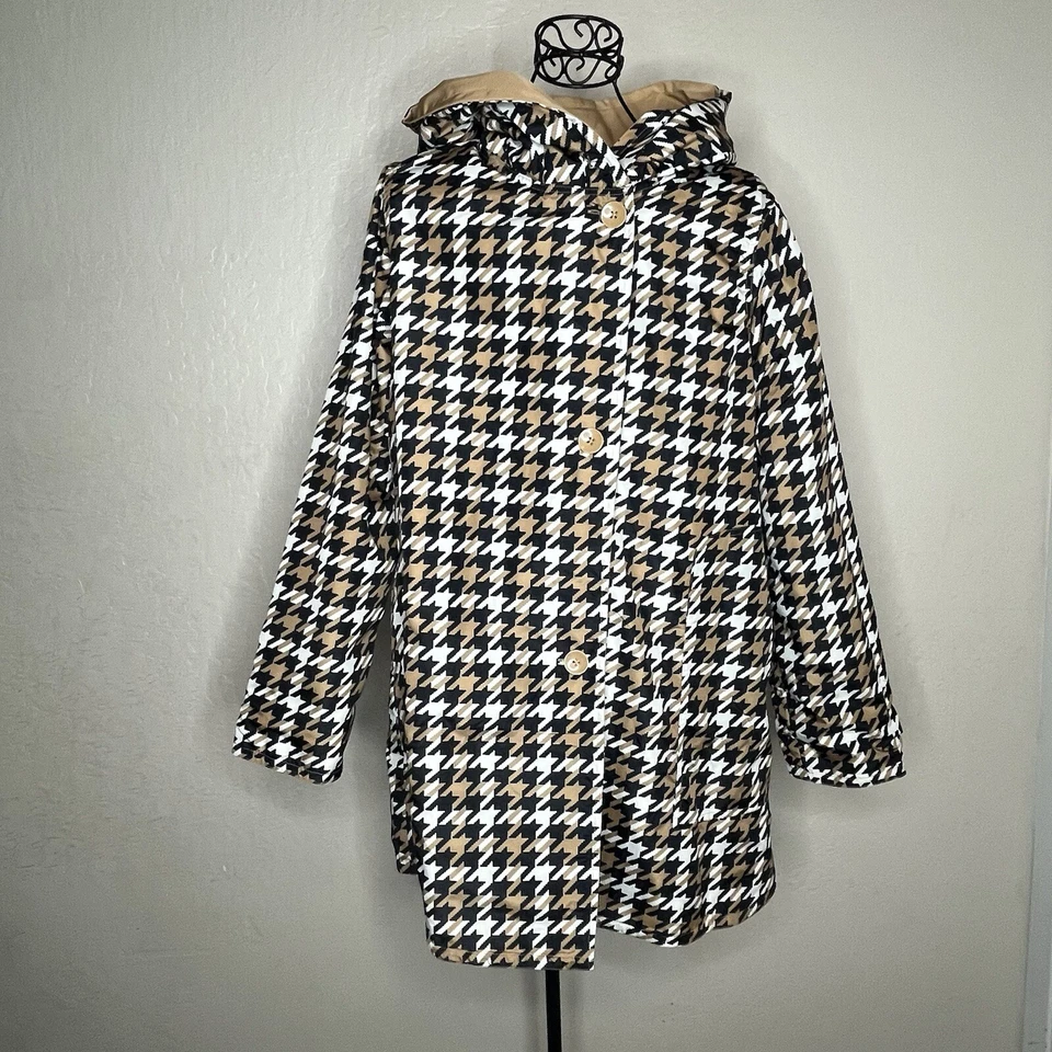 Jessica London  Reversible Houndstooth Tan Hooded Raincoat Women’s Size 14 W - Image 1 of 4