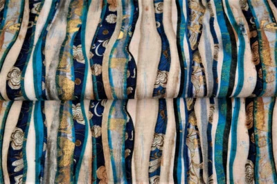 ♕ Jersey mit blauen Streifen gold maritim Wellen 50 x 150 cm Nähen ♕ - Bild 1 von 3