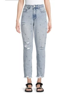 MATERIAL GIRL Women's Juniors Size 5 Embroidered Floral Daisies Mom Jeans Frayed - Picture 1 of 1