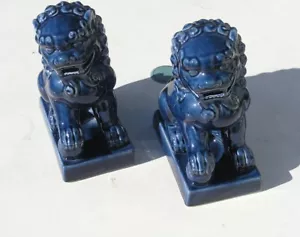 Par de Cerámica China Vintage Esmaltada Azul Foo Perros Leones Foodogs Foolions 7+" - Imagen 1 de 10