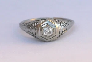 Alter Minenschliff VS2 Diamant filigran Ring 0,30 cttw 18kt Weißgold Größe 6,5  - Bild 1 von 6