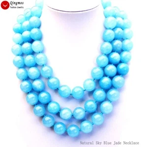 18mm Sky Blue Round Natural Jade Necklace for Women Stone Jewelry 3 Strands 18" - Picture 1 of 21