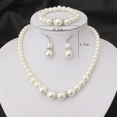 Pearl Necklace Earring Bracelet Set Sparkling Silver Crystal Rhinestones Women - Image 1 of 4