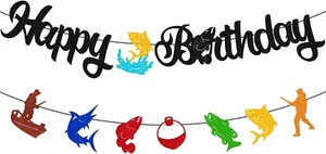 Fish Happy Birthday Banner Fishing Pole Fisher Fishermen Bait Angling Boat Them - Picture 1 of 6