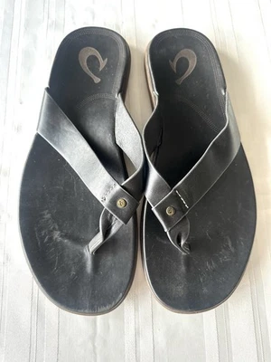 Sandalias chanclas OluKai Mea Ola para hombre talla 12 negras de cuero de grano completo Foto 1 de 4