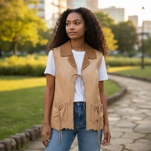 Vintage PATRICIA WOLF Leder Wildleder Weste klein hellbraun Fransen Nähte Taschen S - Bild 1 von 13