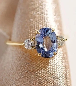 3.65 Ct Oval Cut Blue Sapphire Diamond Wedding Ring 14K Solid Yellow Gold - Picture 1 of 5