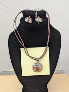 Silpada .925 Amber  Pendant Leather Necklace Earrings Set - Picture 1 of 10