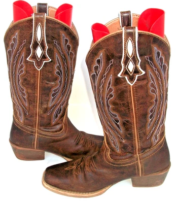 Justin Brown & White Leather MidCalf SquareToe Embroidered Cowgirl Boots 9M 39M - Image 1 of 4