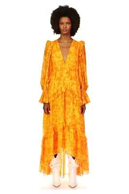 Amur Allegra Ruffled Silk Maxi Dress Gown Size 00 Persimmon Jungle #2C456 - Image 1 of 4