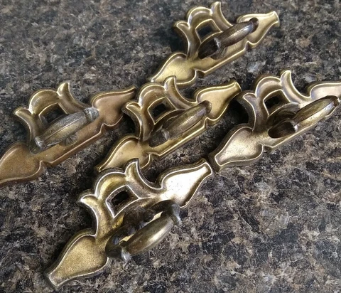 Lot of 5 Vintage Brass Cabinet Pulls Knobs Handles with Back Plates-3.5"x1.5" Cover