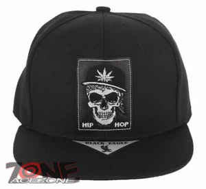 NEW! SKULL HIPHOP MARIJUANA WEED FLAT BILL SNAPBACK BASEBALL CAP HAT BLACK - Picture 1 of 4