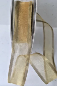 3/4" Sheer Satin w/ Gold Band Ribbon - May Arts - CG30 - Antiq. Gold - 5 Yards - Picture 1 of 1