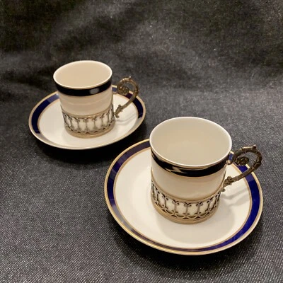 2 Platillos RICCI & C Italia 800 Plata Portavasos Demitasse China Azul Oro Ducal Foto 1 de 4