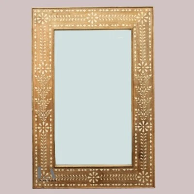 Bone Inlay Wood Floral Design Mirror Brown Color - Image 1 of 4