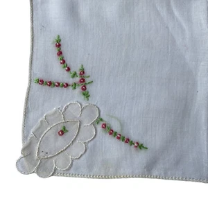 Handkerchief White 10x10” Hankie Embroidered Flowers Floral Pink Green - Foto 1 di 4