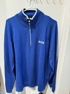 Suéter Pullover Hugo Boss Para Hombre Talla XL Azul Real con Borde Blanco 1/4 Cremallera Nuevo con Etiquetas Foto 1 de 4