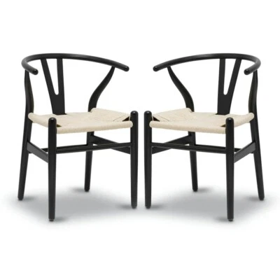 POLY AND BARK 2 Set Black Chair Rope Weave Dining Modern Weaving Accent Seat Woven Kitchen New