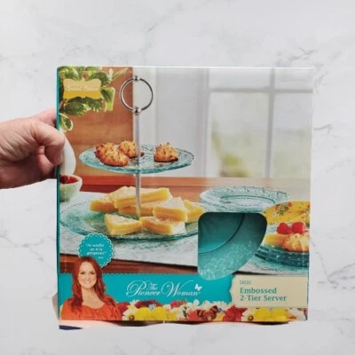 New Pioneer Woman 2 Teir Server Embossed Clear Blue Glass Special Edition - Image 1 of 4