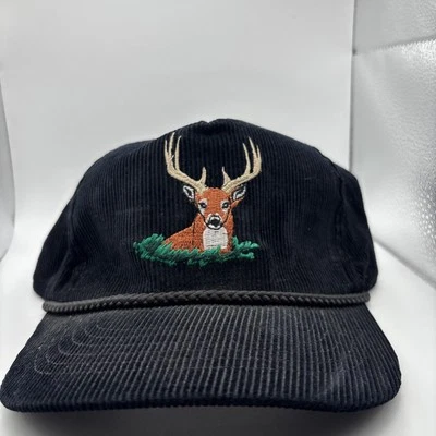 Vintage Youngan 80s Buck Head on Black Corduroy Snapback Hat - Embroidered Deer - Image 1 of 4