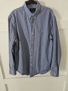 Polo Ralph Lauren Slim Fit Uomo Medium 15,5 Elasticizzata Gingham Popeline Camicia Navy - Foto 1 di 7