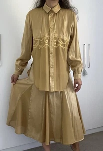 Vintage 80s CMC Mustard Gold Satin Embroidered Blouse & Skirt Set Sz 10/12 - Picture 1 of 13