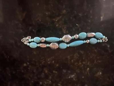 BRIGHTON Silver & Turquoise Double String Beaded Bracelet - Excellent Condition - Image 1 of 3