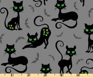 Trick Or Treat Black Cat Crossing CX10331-Gray Cotton Fabric By half yard - Picture 1 of 1