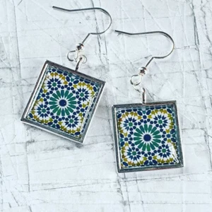 Unique Handmade SEVILLE TILE EARRINGS green white SPAIN vintage SPANISH gift box - Picture 1 of 1